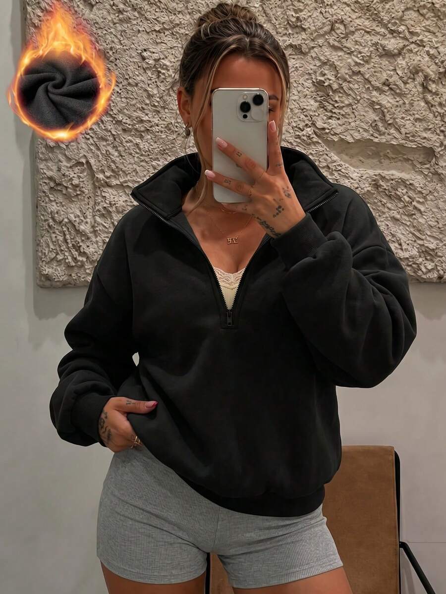 Women's Autumn/Winter Fashion Solid Color Zip-Up Sweatshirt | Exquisite Design | Winter Outfit | Easy To Match | Show Your Style - Black - View 1
