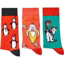 1/3 Pairs Random Color Unisex Christmas Socks, Cartoon Cat & Penguin Gift Pattern, Colorblock Cute Personalized Fashion Party Casual Mid-Calf Socks - Multicolor - View 4