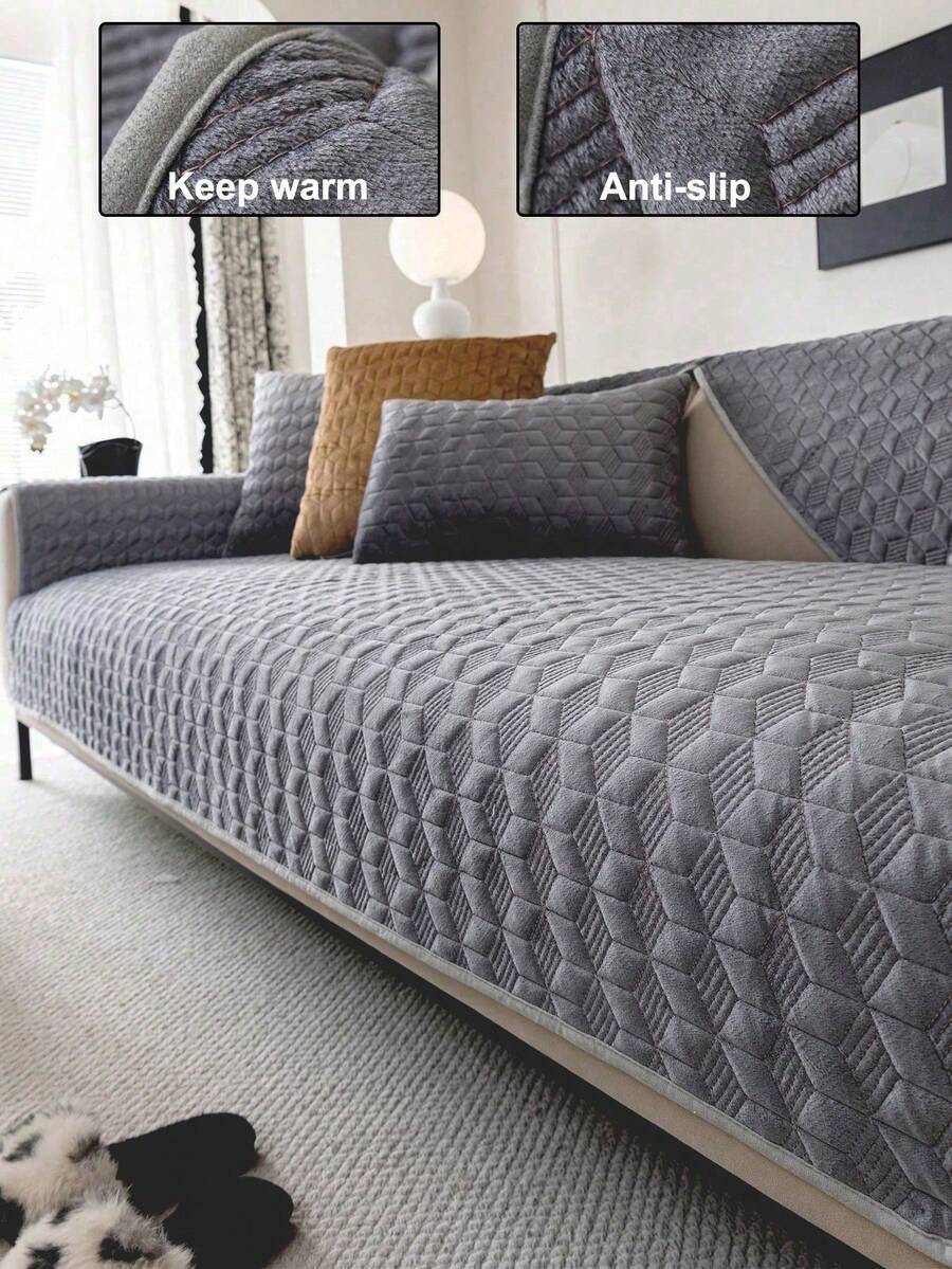 1pc Geometric Quilted Velvet Sofa Cushion, Minimalist Style, Non-Slip Back, Pet-Friendly, Soft Multi-Functional Anti-Dirt Anti-Dust, Holiday Decor Sofa Cover, Suitable For Backrest, Armrest, All Seasons - Grey - View 1