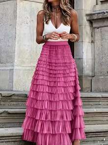 New Arrival French Style Long Skirt For Women, Elegant Solid Color High Waist Mesh Tulle Puff Skirt, Autumn Spring - Hot Pink - View 2