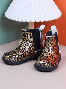 Children's Leopard Print Chelsea Boots, Side Elastic Band Slip-On Ankle Boots, Suitable For Girls' Autumn/Winter Wear - Gold - View 2