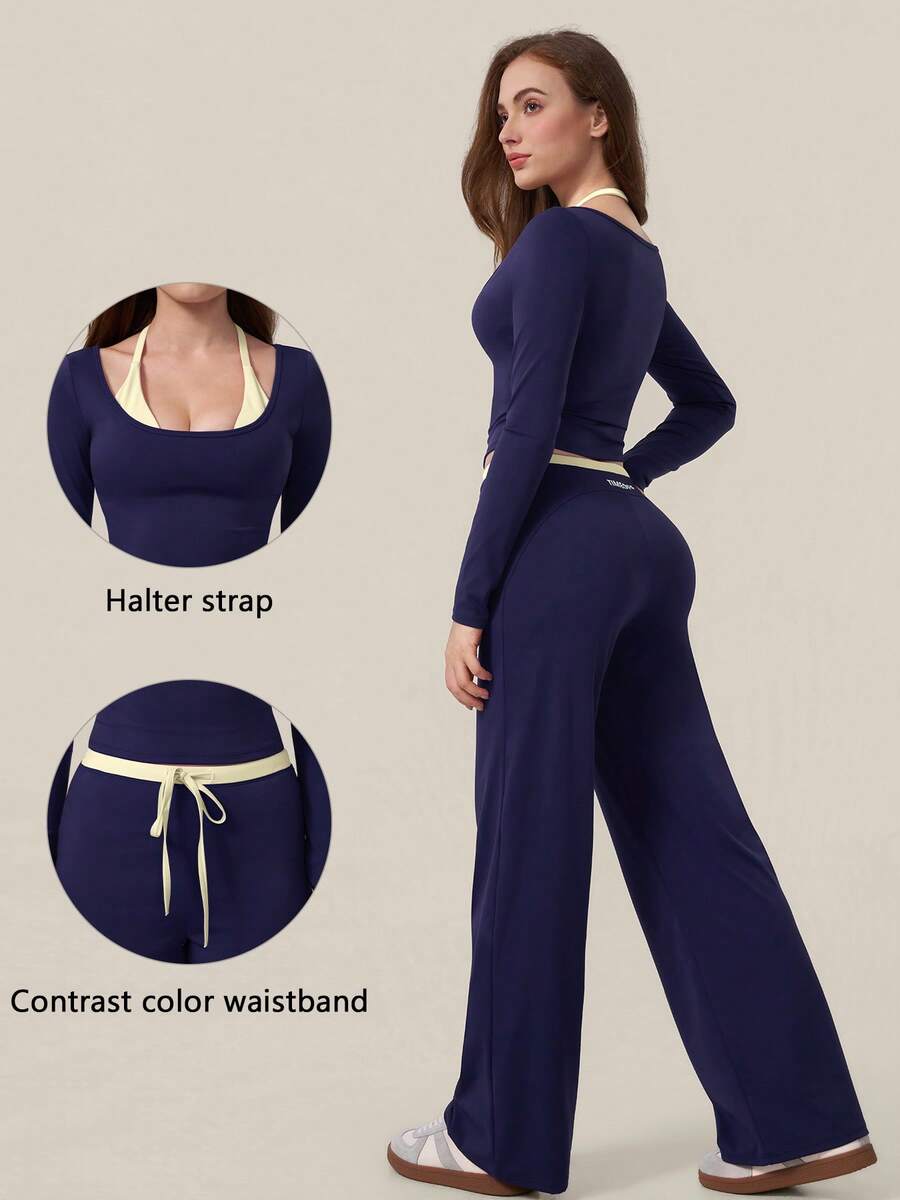 TimeOff Women's One Set Autumn/Winter Colorblock 2 In 1 Long Sleeve Drawstring Waist Wide Leg Pants Soft Skin-Friendly Two Pieces Set - Navy Blue - View 1