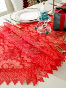 1pc 100% Polyester Beige & Red French Country Style Christmas Table Runner, Organza Fabric With Gold Bell & Floral Embroidery, Crocheted Lace Edge With Tassels, Christmas Party Holiday Table Decor - Red - View 11
