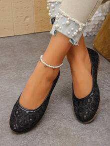 Black Lace Sequin Ballet Shoes Women's Round Toe Breathable Mesh Foldable Soft Sole Daily Commute Ballet Shoes - Black - View 3