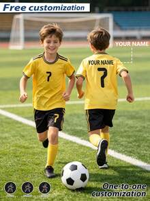 [Customized]Personalized Name Customized Sports Jersey Set For Boys And Girls, Children's Sports Burnout Print Short Sleeve Jersey And Shorts 2 Pieces Set For Soccer, Sports, Cycling - Yellow - View 5