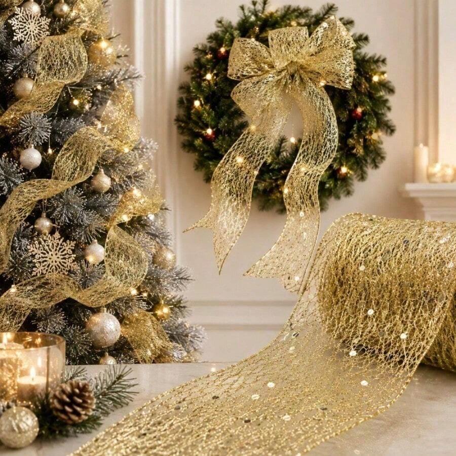 1 Roll Gold Glitter Mesh Ribbon, Sequin Hollow Net Ribbon For Gift Wrapping, Christmas Tree, Wedding Party DIY Bow Craft Decor
