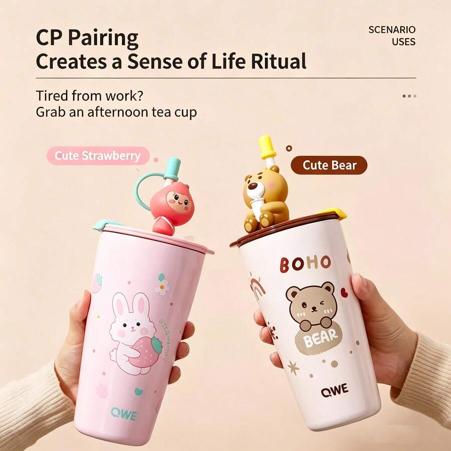 QWE Stainless Steel Straw Insulated Cup 650ML PP Lid Straw Cartoon 3D Character Highly Attractive Office Coffee Travel Mug - Baby Pink - View 1