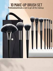 SEPROFE 10Pcs Professional Makeup Brush Set With Storage Bag, Large Fan Powder Brush, Blush Brush, Eyeshadow Brush, Concealer Brush, Ultra Soft Fibers Fit Face And Eyes For Natural Stereo Makeup, Easy To Use Makeup Tools - Black - View 1