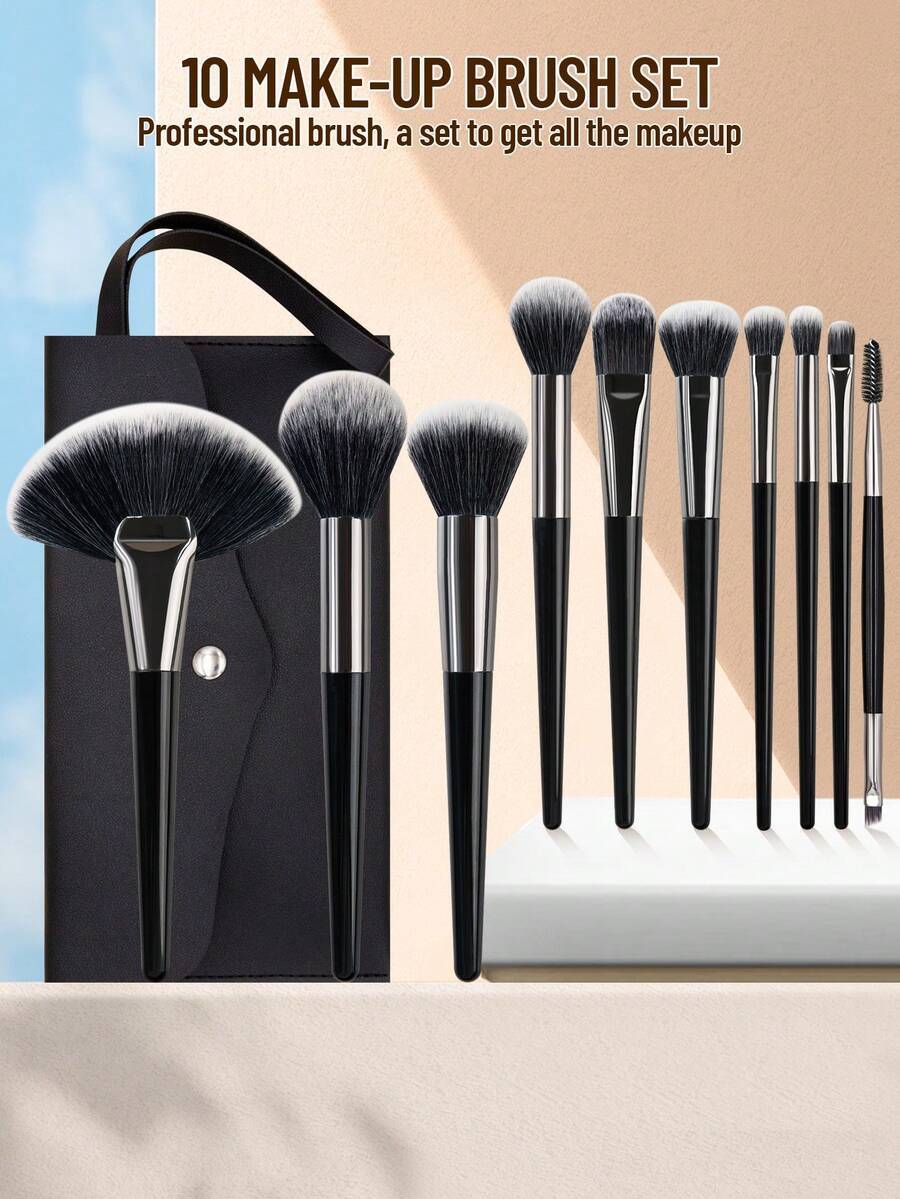 SEPROFE 10Pcs Professional Makeup Brush Set With Storage Bag, Large Fan Powder Brush, Blush Brush, Eyeshadow Brush, Concealer Brush, Ultra Soft Fibers Fit Face And Eyes For Natural Stereo Makeup, Easy To Use Makeup Tools - Black - View 1