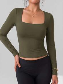 GLAMSKIN Women's Summer/Autumn Basic Y2K Square Neck Long Sleeve Fitted T-Shirt, Solid Color Sexy Slim Fit Cropped Top Casual - Olive Green - View 8