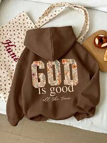 1pc Tween Girls' Vintage Ditsy Floral Padded Letter Hooded Sweatshirt, Casual Long Sleeve Top - Brown - View 3
