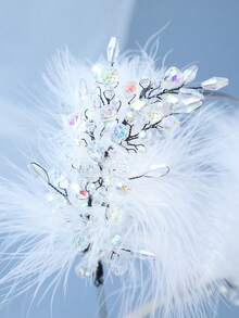 Handmade Delicate Silver White Feather Iridescent Rhinestone Bridal Headband Wedding Hair Accessories Women For Prom Party Pageant Birthday Celebratio - White - View 6