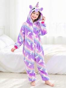 Tween Girl Purple Unicorn All-Over Print Zipper Casual Daily Home One-Piece Long Pants Pajamas - Multicolor - View 9
