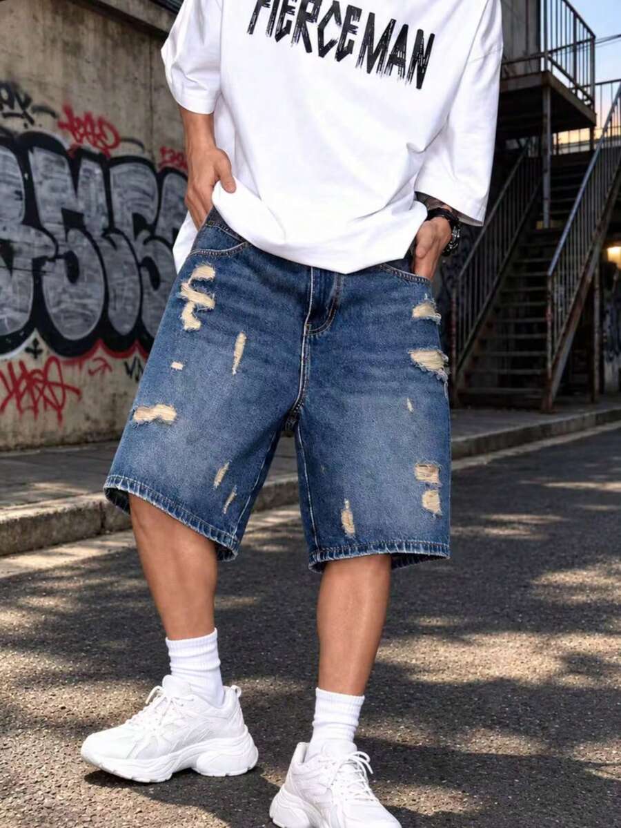 男士夏季街头时尚做旧水洗牛仔短裤 - 深色水洗藍 - 查看 1