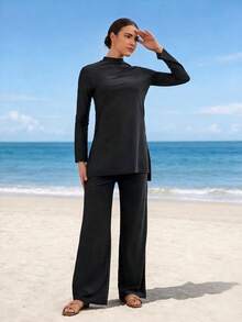 VFJ Women's Casual High Elasticity Round Neck Long Sleeve Modest Swimsuit Set, Includes High Waist Swim Bottoms, Suitable For Elegant Swimming - Black - View 2