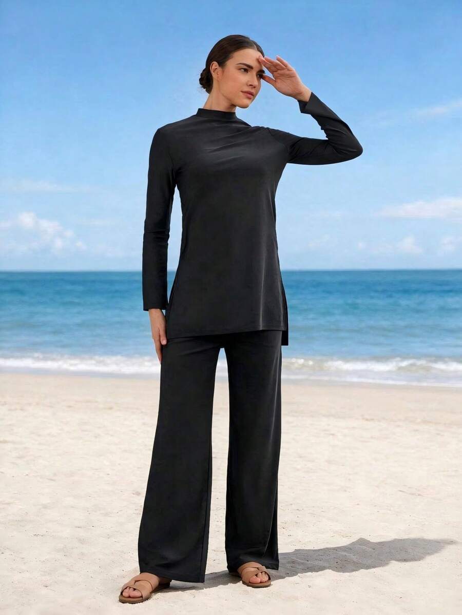 VFJ Women's Casual High Elasticity Round Neck Long Sleeve Modest Swimsuit Set, Includes High Waist Swim Bottoms, Suitable For Elegant Swimming