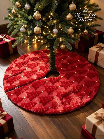 1 Peça Saia de Árvore de Natal de Pelúcia Vermelha, Capa de Base de Árvore de Natal Jacquard com Estrela Dourada em Relevo, Decoração de Festa de Feriado para Casa, Adequada para Natal, Halloween, Layout de Casa de Outono, Cria Decoração de Ambiente Atmosférico