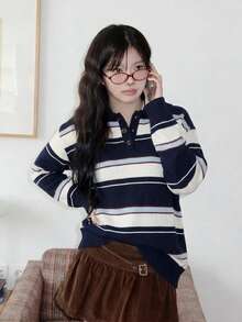 Sweater Polo Rajut Bergaris, Pullover Biru Tua Lengan Panjang, Trim Bergaris, Potongan Longgar, Pakaian Kasual Sehari-hari Gaya Preppy Musim Gugur/Musim Dingin untuk Wanita - Navy Blue - View 5