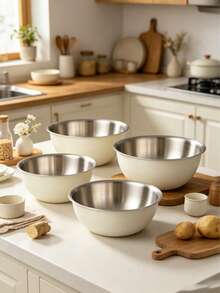 Cream White Stainless Steel Salad Bowl, Deep Cooking Basin, Thickened Mixing Bowl. Matte Cream White Exterior With Brushed Stainless Steel Interior, Rounded Rim For Handling. Large Capacity Deep Basin Design, Easy To Mix Salad Without Spilling, Also Suitable For Baking, Marinating, Fruit And Vegetable Washing. Sturdy And Durable Body, Smooth Interior, Easy To Clean With Water. Simple And Elegant Appearance, Perfect For Kitchen Prep Or Serving Light Meals Directly On The Table To Create A Fresh Dining Atmosphere. 1pc/3pcs - Cream - View 8