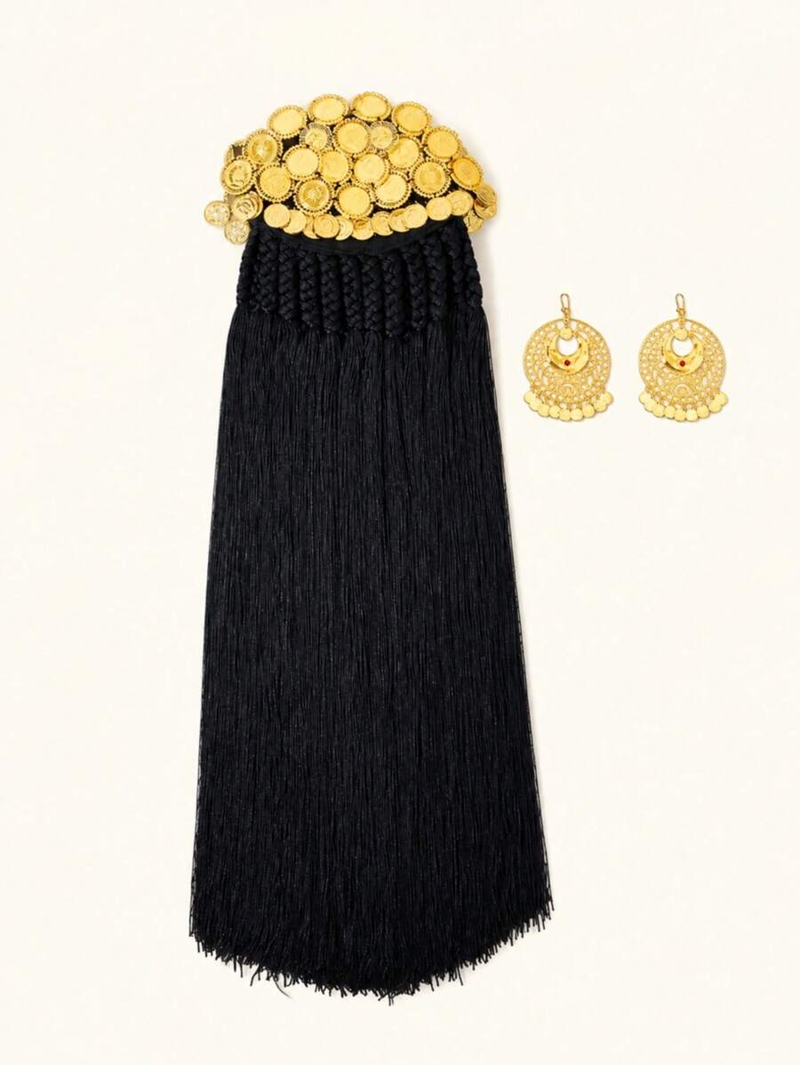 Mgyi Jewelry 镀金硬币装饰流苏头饰套装,含配套耳环,编织发饰,适合婚礼、节日和派对佩戴 - PMZ-007 - 查看 1