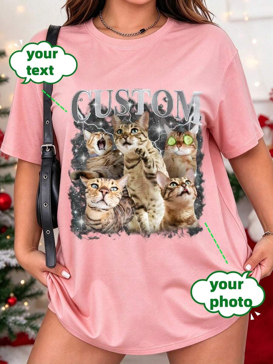 客製化 Y2K 大尺碼 T-shirt,90 年代復古照片印花 T-shirt,可放入照片與文字的客製肖像 T-shirt,姊妹與班級團體大宗客製 T-shirt - 珊瑚粉 - 查看 1