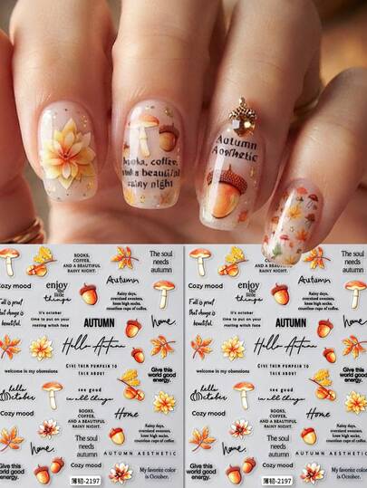 2pcs 3D Vintage Autumn Maple Leaf Acorn Mushroom English Quote Nail Stickers, Colorful Artistic Text Nail Art Supplies, Suitable For Autumn/Winter Season, Thanksgiving Party And Exquisite Holiday Gift Decoration