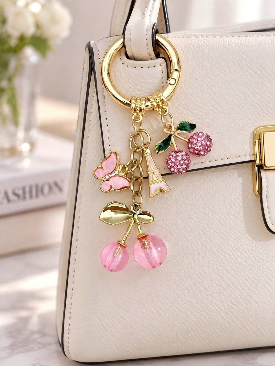 Cute Cherry Butterfly Bag Charm Keychain, Exquisite Fashion Glasses Round Ring Keychain, Travel Eiffel Tower Airplane Tag Bag Accessory, Charming Handbag Pendant, Fashionable Women's Accessory, Wallet Charm, Car Keychain Decoration, Room Decor, Holiday Gift - Multicolor - View 1