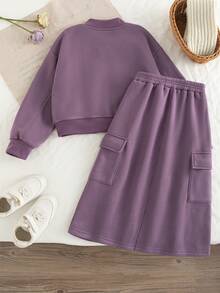 Girls Fashion Short Zip-Up Cardigan Jacket And Cargo Pocket Midi Skirt 2pcs Set, Autumn/Winter - Purple - View 3