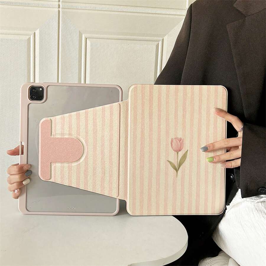 1件裝粉色條紋單朵鬱金香印花書本式平板保護殼，相容 A16 2025、 Galaxy Tab S9 FE/S8 Plus/S7/S10、OPPO Pad、 MatePad、Vivo Pad、Honor Pad、Xiaoxin Pad