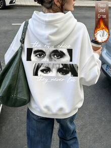 Women's Cotton Hoodie Top With Eye Print, Basic Autumn/Winter Travel Top - White - View 2