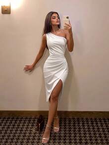 ADYCE Elegant One-Shoulder Ruched High-Waist Slit Midi Party Dress Bridesmaid Gown, Suitable For Prom, Birthday Party, Evening Date, Homecoming, Wedding Guest - White - View 5