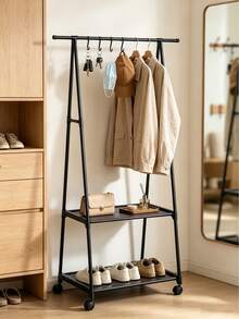 Black Metal Clothes Rack With Wheels, Double Layer Storage Shelf, Multifunctional Clothes Organizer, Mobile Garment Rack For Bedroom Or Hallway, Height 157 Cm - A - View 2