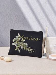 Personalized Name Eucalyptus Makeup Bag, Customized Text Cosmetic Bag, Travel Toiletry Storage Bag, Bridesmaid Customized Gift, Birthday, Christmas, Wedding Favor - Multicolor - View 4