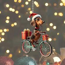 2D Flat Acrylic Christmas Decoration - Cute Chihuahua Riding A Red Bicycle With Holiday Gifts And Starry Sky Background, Durable Home Hanging Ornament, Party Keychain Accessory, 2D Flat - Multicolor - View 6