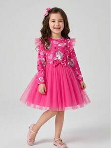 Young Girls Spring/Autumn Sweet Flutter Sleeve Cartoon Print Bow Puff Tulle Princess Dress - Hot Pink - View 1