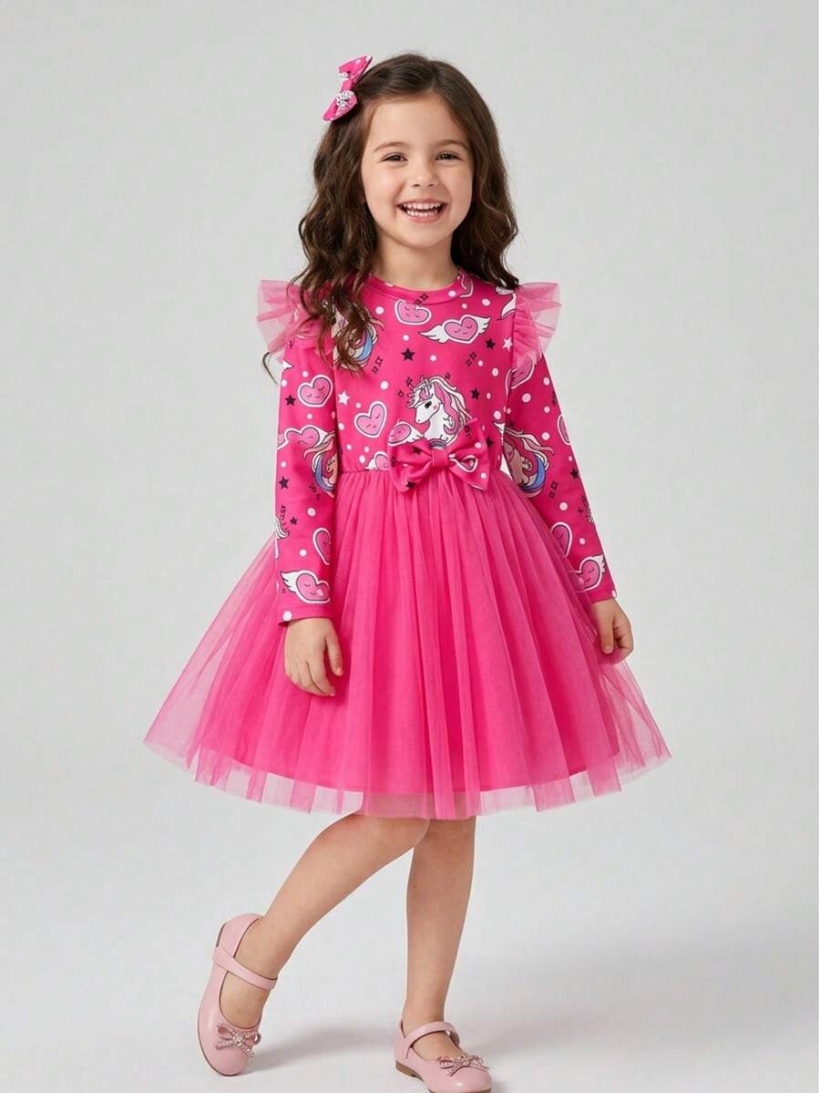 Young Girls Spring/Autumn Sweet Flutter Sleeve Cartoon Print Bow Puff Tulle Princess Dress - Hot Pink - View 1