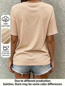 100% Pure Cotton Women's T-Shirt Top, Apricot Short Sleeve, Spring/Summer/Autumn Casual Wear - Apricot - View 6