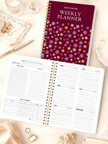1pc Non-Dated Weekly Planner, Floral Cover Weekly & Monthly Schedule Book With Gold Twin-Wire Binding For Goals, Work & Study, Office Desk Accessories, Bible Study Materials, Christmas Gifts - Rectangle - View 8
