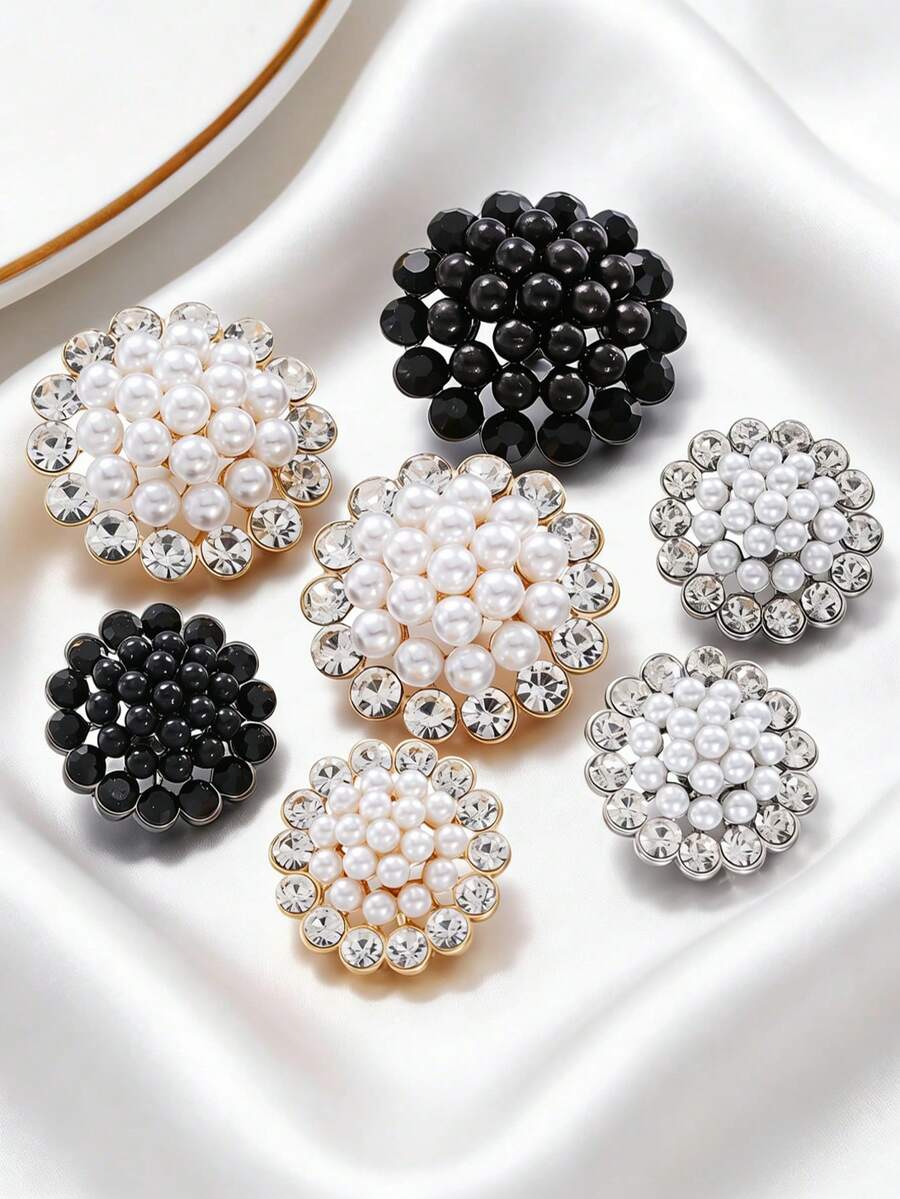 3pcs/Set Flower-Shaped Rhinestone Trim Pearl Metal Buttons, Suitable For Sweaters, Cardigans, Dresses, Blazers, Wool Coats And Fur Decorations - High-Quality Fashion Buttons For Clothing Decoration With Exquisite Craftsmanship Design