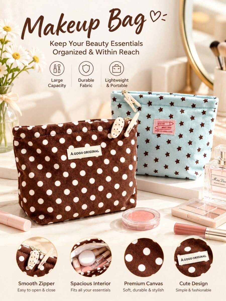 2/1pc Cute Water Drop & Star Pattern Makeup Organizer Bag, Zipper Large Capacity Travel Toy Leather Bag, Portable Soft Cosmetic Skincare Daily Small Items