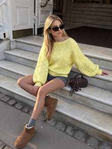 Autumn Yellow Fluffy Cable Knit Sweater For Women Boat Neck Long Sleeve Fall Tops Elegant Casual Going Out Autumn Outfits - Yellow - View 1