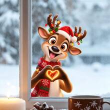 1Pc Cute Reindeer Christmas Window Clings Static Decals Santa Hat String Lights Kids Room Holiday Decor Window Decals - Multicolor - View 10