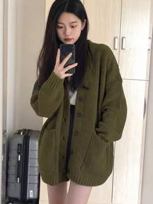 Alicedudu Women's Autumn/Winter Loose Minimalist Button-Front Cardigan With Large Pockets Fall - Army Green - View 6