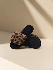 Avansion Fall/Winter Women Leopard Pattern Fuzzy Bedroom Slippers, Fashionable Open Toe Home Slippers,Halloween,Fluffy Slippers - Brown - View 1