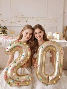 1 Set 40 Inch Large Light Gold Number Foil Balloons With Colorful Plush Balls, Platinum Number Birthday Balloons, Suitable For Birthday Party Decoration, Shower, Gathering (Self-Adhesive Plush Balls, Random Color) - View 6