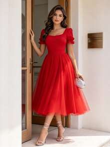 Joyfunear Women's Festive Vibrant & Elegant Ruffle Sleeve Mesh Overlay Hem Dress Summer Red - Red - View 2