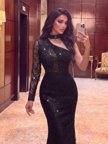 Elegant Beaded One-Shoulder Mermaid Tail Fitted Evening Gown, Suitable For Weddings, Galas, Formal Dinners And High-End Evening Events - Black - View 8