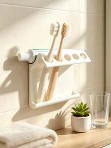 1pc Wall-Mounted Toothbrush Holder, Self-Adhesive No-Drill Bathroom Storage Rack, Black Multi-Hole Design, Suitable For Toothpaste And Toothbrush, Bathroom Storage Accessories, Bathroom Decor, Home Decor And Accessories - Multicolor - View 6