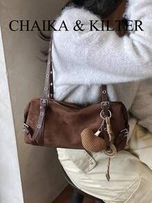 1pc Minimalist Fashion Buckle Suede Fabric Shoulder Bag, Suitable For Commuting, Shopping, Etc. (With Pendant) - Coffee - View 11