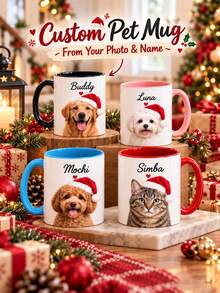 Customized Santa Hat Christmas Ceramic Mug, Personalized Pet Photo Mug, Humorous Dog Mom Gift, Dog Lover Christmas Mug - Multicolor - View 1
